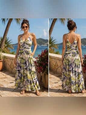 London Times Floral Ruched V-Neck Maxi Dress in Green and Purple